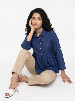 Blue Solid Spread Collar Cotton Shirt For Women