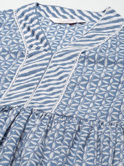 Blue Pure Cotton Floral Printed V-Neck Kurta Set With Dupatta