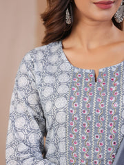 Grey Ethnic Motifs Printed Round Neck Pure Cotton Kurta Trousers Dupatta Set For Women
