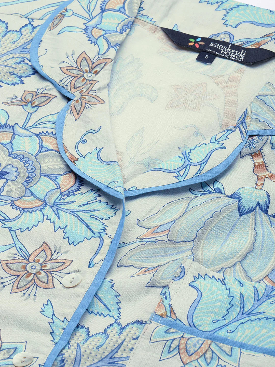 WHITE & Blue FULL SLEEVES Printed Cotton Night suit - SanskrutiHomes 