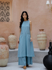 Blue Solid Print Cotton Kurta Set