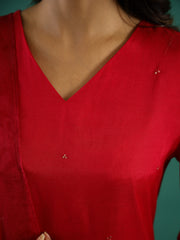 Red V-Neck Solid Sequinned Straight Kurta Set With Dupatta For Women