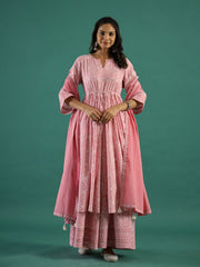 Pink Floral Printed Cotton Kurta With Dupatta
