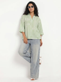 Green Shirt Collar Geometric Print Cotton Top For Women