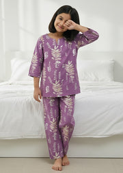Purple Leaf Print Round Neck Cotton Night Suit Set For Kids