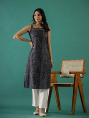 Black Bandhani Print Square Neck Cotton Kurta set for Women - SanskrutiHomes 