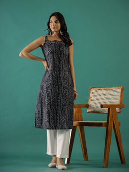 Black Bandhani Print Square Neck Cotton Kurta set for Women - SanskrutiHomes 