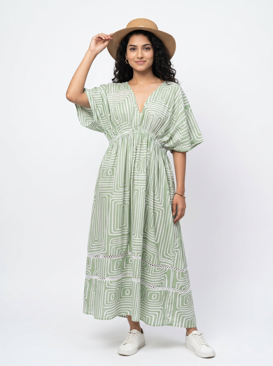 Off White Abstract Print V-Neck Flared Cotton Dress For Women