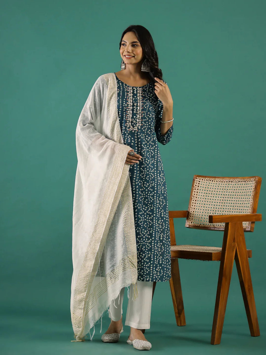Green Bandhani Print Round Neck Cotton Kurta Set for Women - SanskrutiHomes 