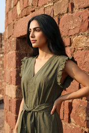 Olive Green Solid V-Neck Belted Cotton Jumpsuit For Women