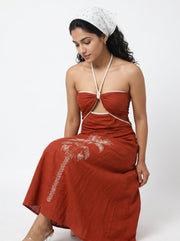 Rust V-Neck Solid Flared Cotton Dress For Women