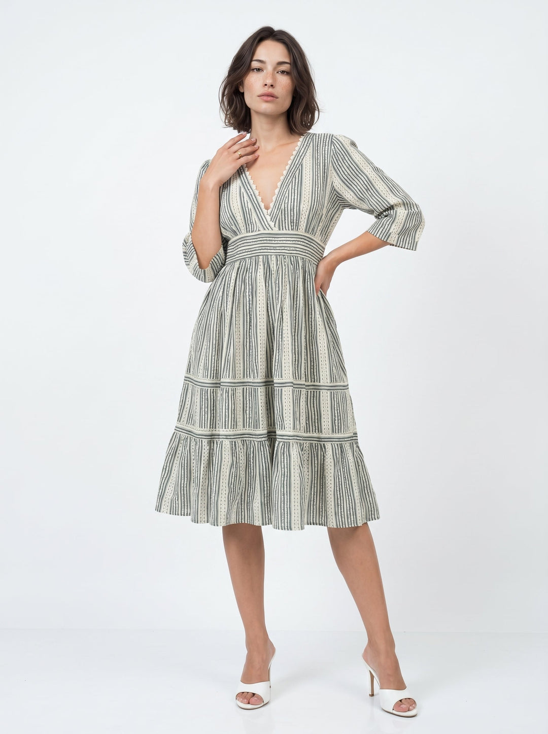 Off White V-Neck Abstract Print Cotton Flared Dress For Women