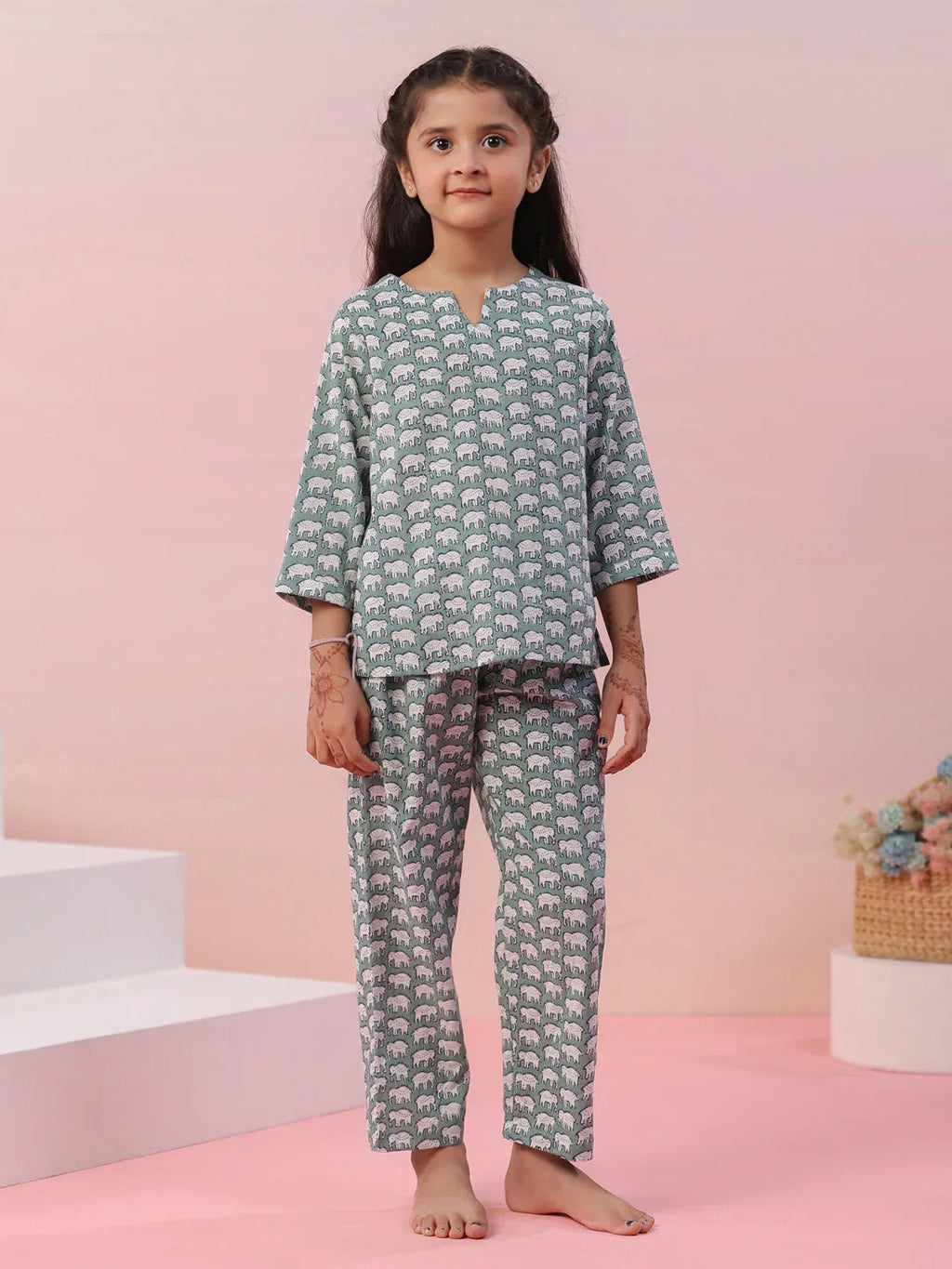 Elephant Printed Cotton Kids Night Suit - SanskrutiHomes 