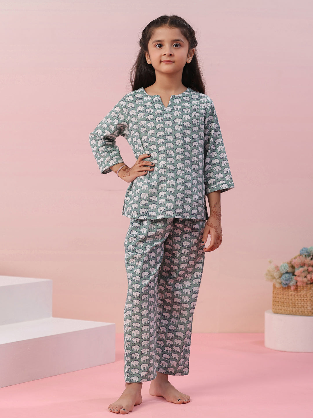 Elephant Printed Cotton Kids Night Suit - SanskrutiHomes 