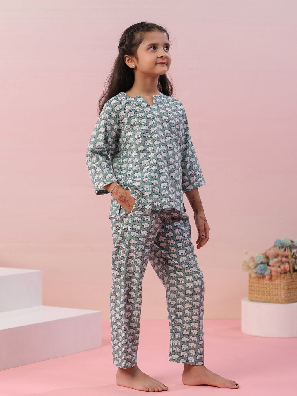 Elephant Printed Cotton Kids Night Suit - SanskrutiHomes 