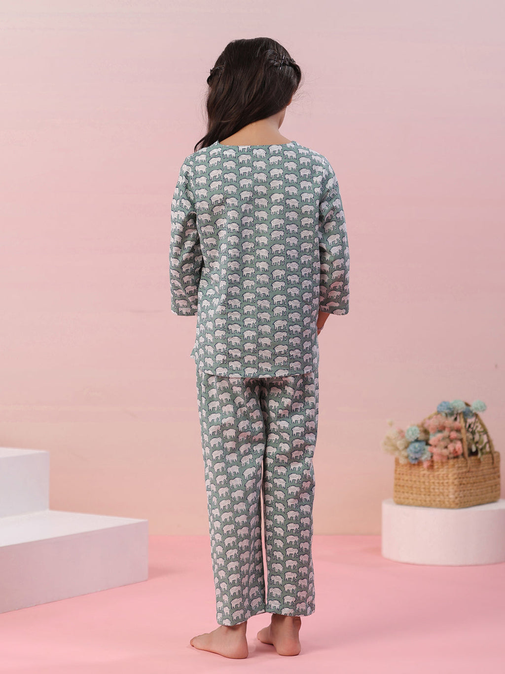 Elephant Printed Cotton Kids Night Suit - SanskrutiHomes 