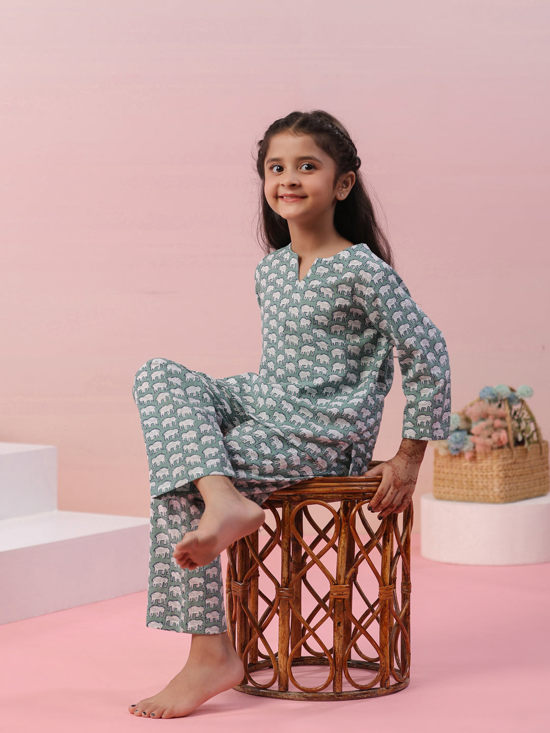 Elephant Printed Cotton Kids Night Suit - SanskrutiHomes 
