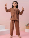 Brown Solid V-Neck Slit Cotton Linen Blend Night Suit For Kids