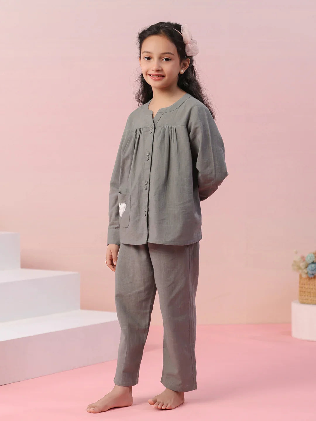 Grey Color Cotton Kids Night Suit - SanskrutiHomes 