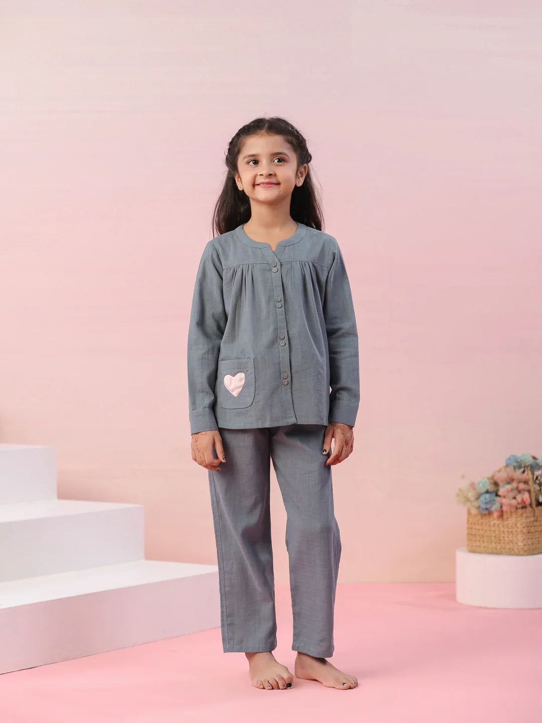 Grey Color Cotton Night Suit for Kids - SanskrutiHomes 