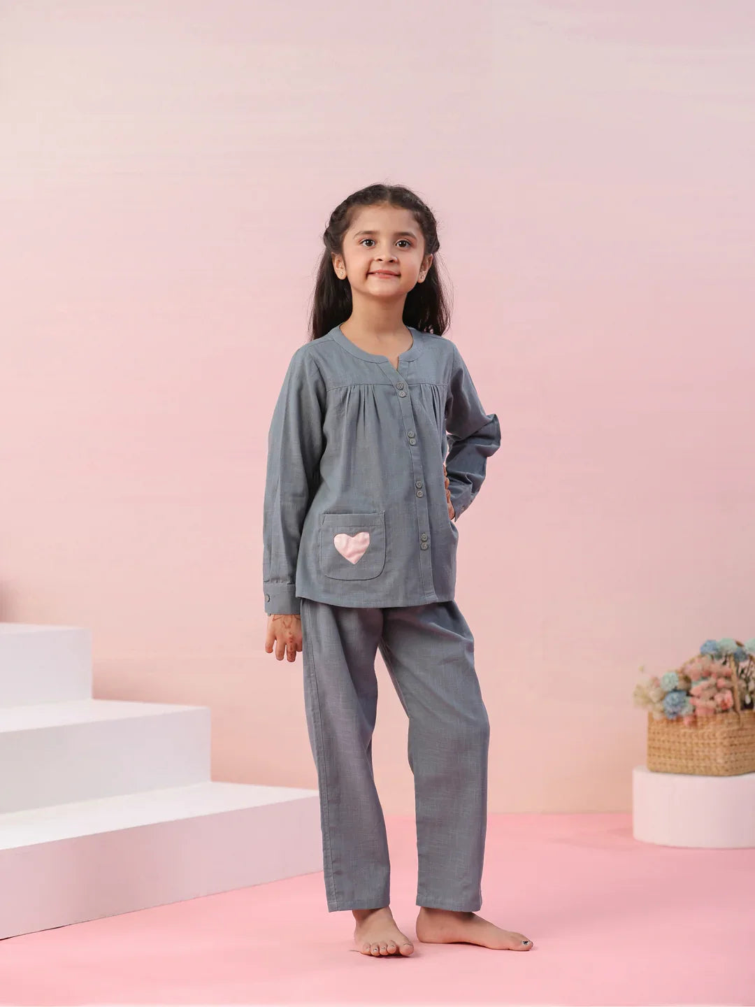 Grey Color Cotton Night Suit for Kids - SanskrutiHomes 