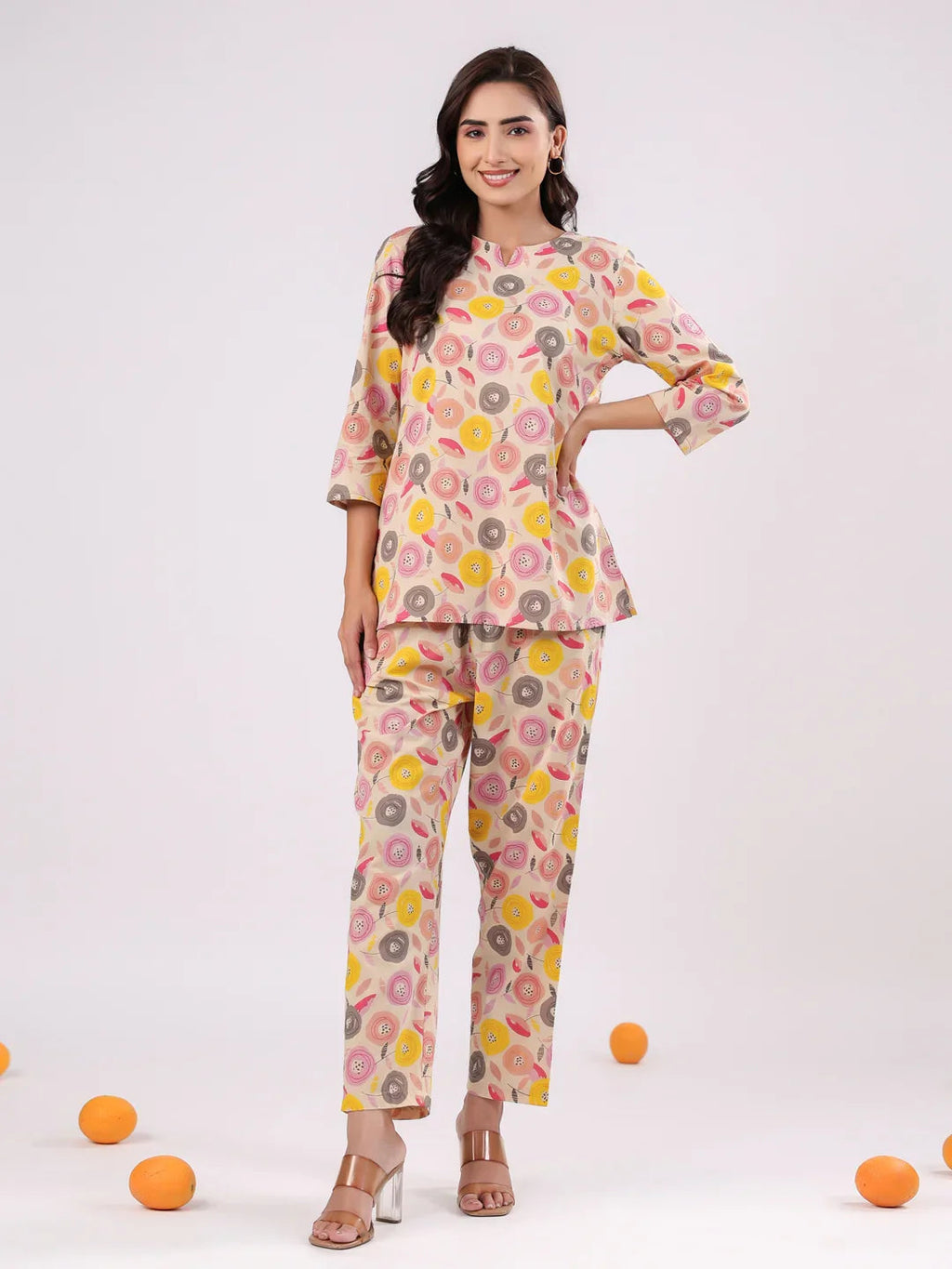 Pink Flower Printed Night Suit Set - SanskrutiHomes 