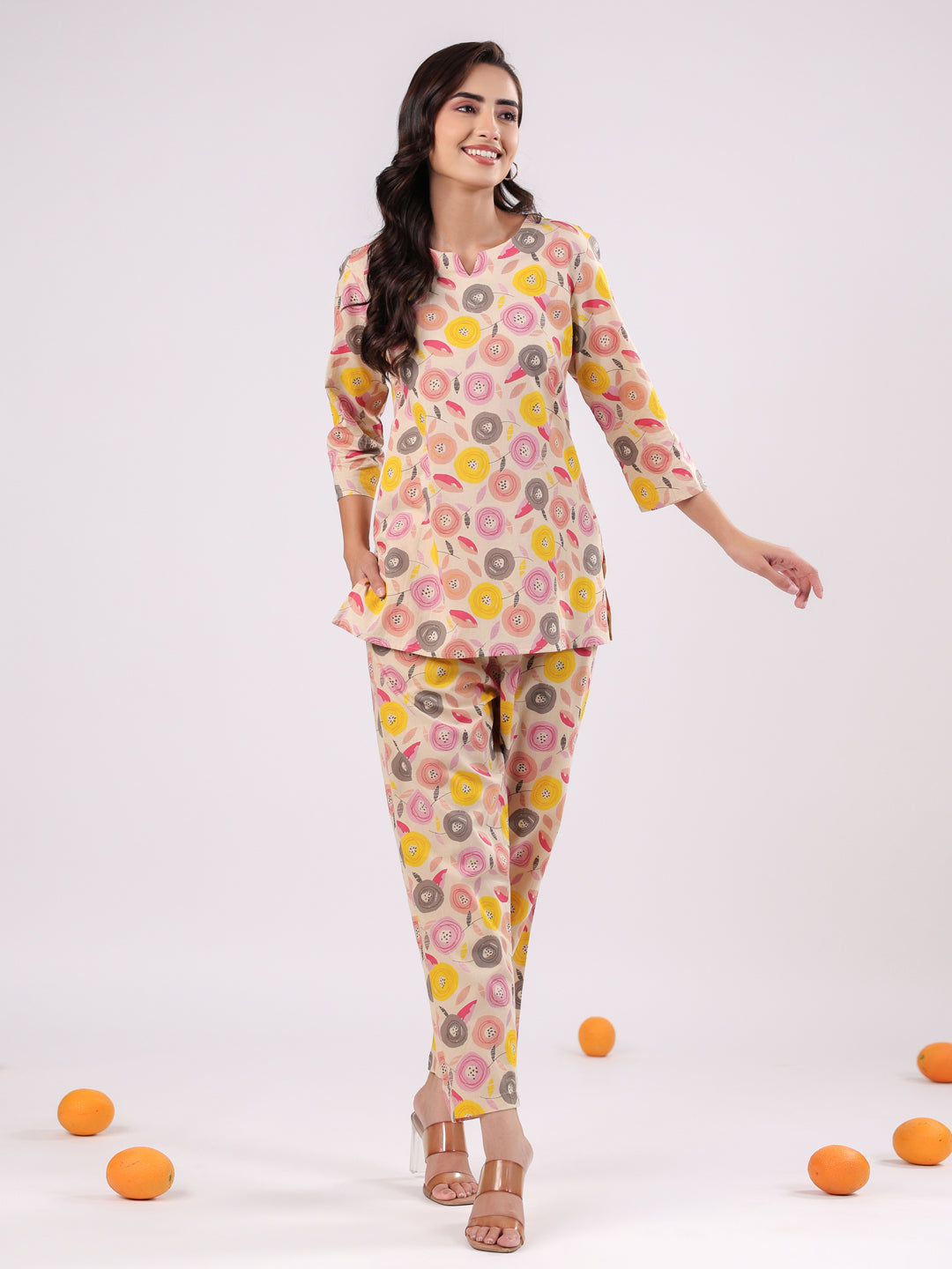 Pink Flower Printed Night Suit Set - SanskrutiHomes 