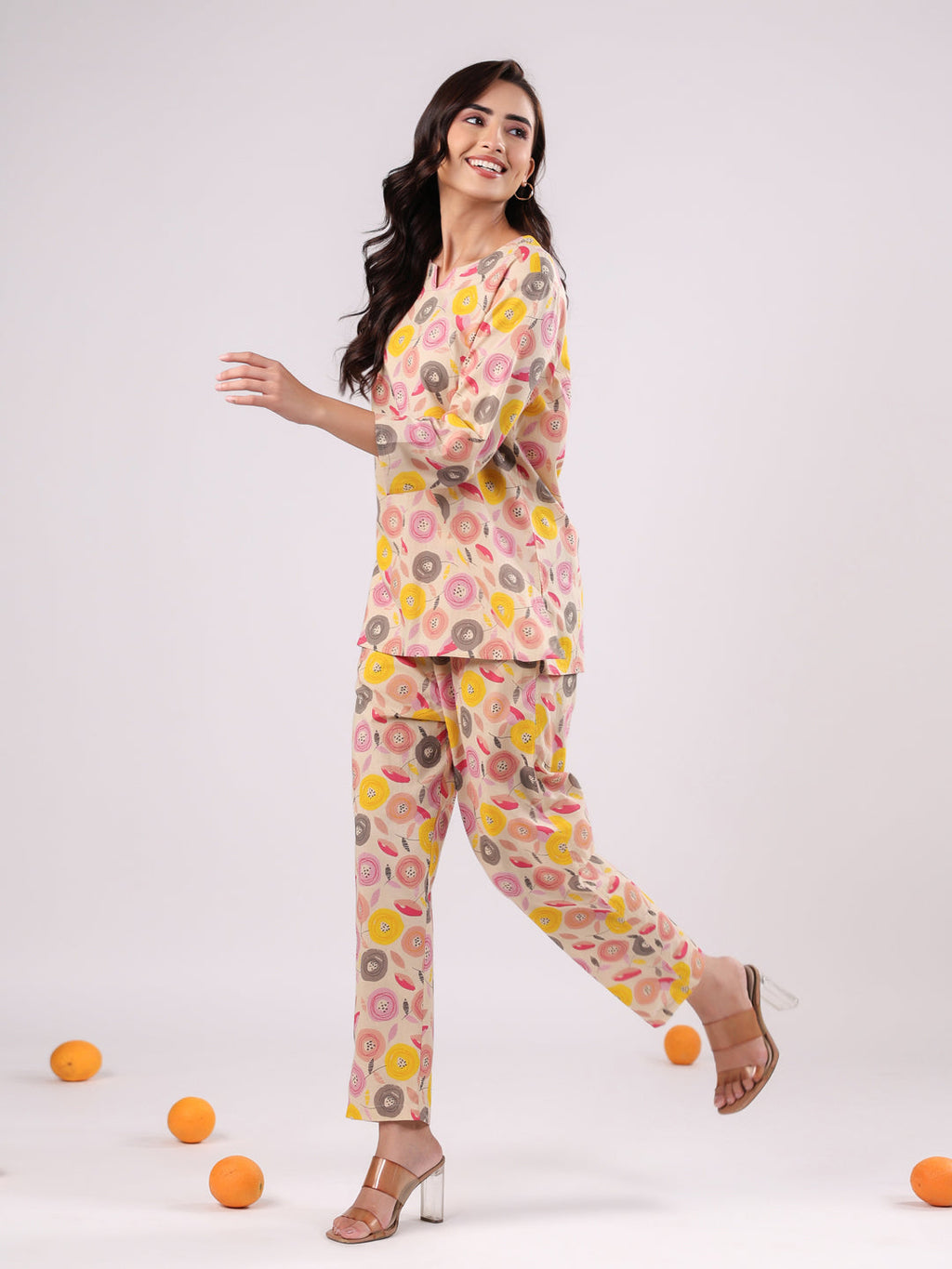 Pink Flower Printed Night Suit Set - SanskrutiHomes 