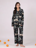 Black Animal Printed Night Suit Set for Women - SanskrutiHomes 