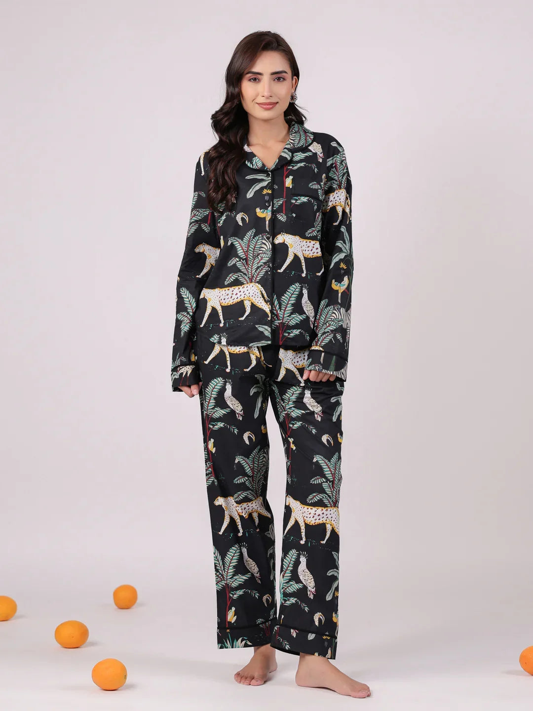 Black Animal Printed Night Suit Set for Women - SanskrutiHomes 
