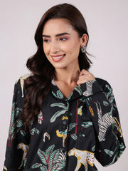 Black Animal Printed Night Suit Set for Women - SanskrutiHomes 
