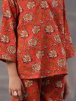 Orange Flower Printed Cotton Kids Night Suits - SanskrutiHomes 
