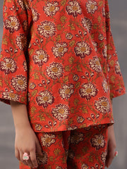 Orange Flower Printed Cotton Kids Night Suits - SanskrutiHomes 