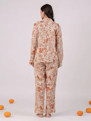 Orange Flower Printed Cotton Night Suit - SanskrutiHomes 