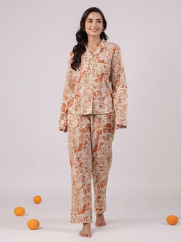 Orange Flower Printed Cotton Night Suit - SanskrutiHomes 