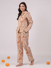 Orange Flower Printed Cotton Night Suit