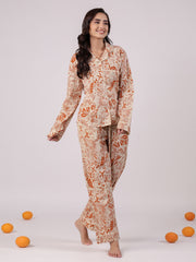 Orange Flower Printed Cotton Night Suit