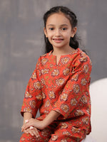 Orange Flower Printed Cotton Kids Night Suits - SanskrutiHomes 
