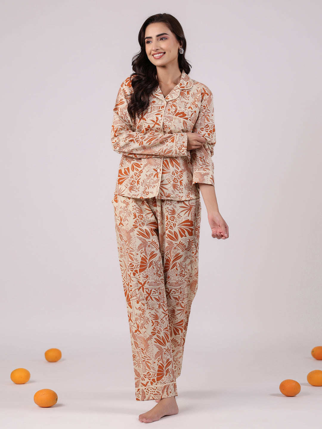 Orange Flower Printed Cotton Night Suit