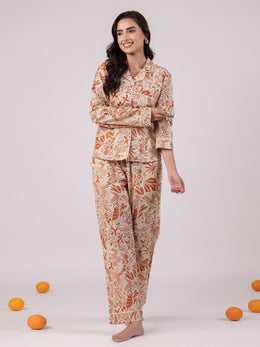 Orange Flower Printed Cotton Night Suit