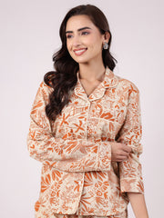 Orange Flower Printed Cotton Night Suit