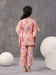 Multi Floral Print Round Neck Pure Cotton Kaftan Night Suit For Women