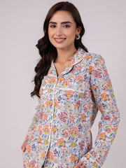 Multi Floral Printed Cotton Night Suit for Kids - SanskrutiHomes 