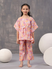 Multi Floral Print Round Neck Pure Cotton Kaftan Night Suit For Women