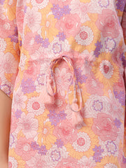 Multi Floral Print Round Neck Pure Cotton Kaftan Night Suit For Women