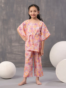 Multi Floral Print Round Neck Pure Cotton Kaftan Night Suit For Women