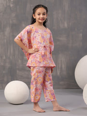 Multi Floral Print Round Neck Pure Cotton Kaftan Night Suit For Women