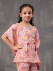 Multi Floral Print Round Neck Pure Cotton Kaftan Night Suit For Women