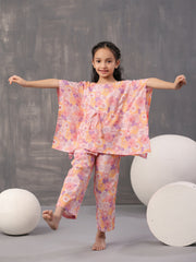 Multi Floral Print Round Neck Pure Cotton Kaftan Night Suit For Women