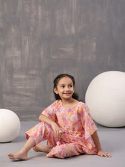 Multi Floral Print Round Neck Pure Cotton Kaftan Night Suit For Women